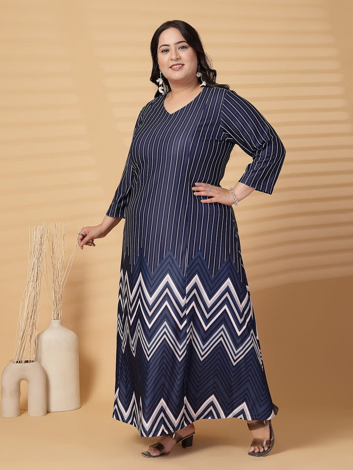 Plus Size Women Abstract Print V Neck Fit & Flare Midi Dress