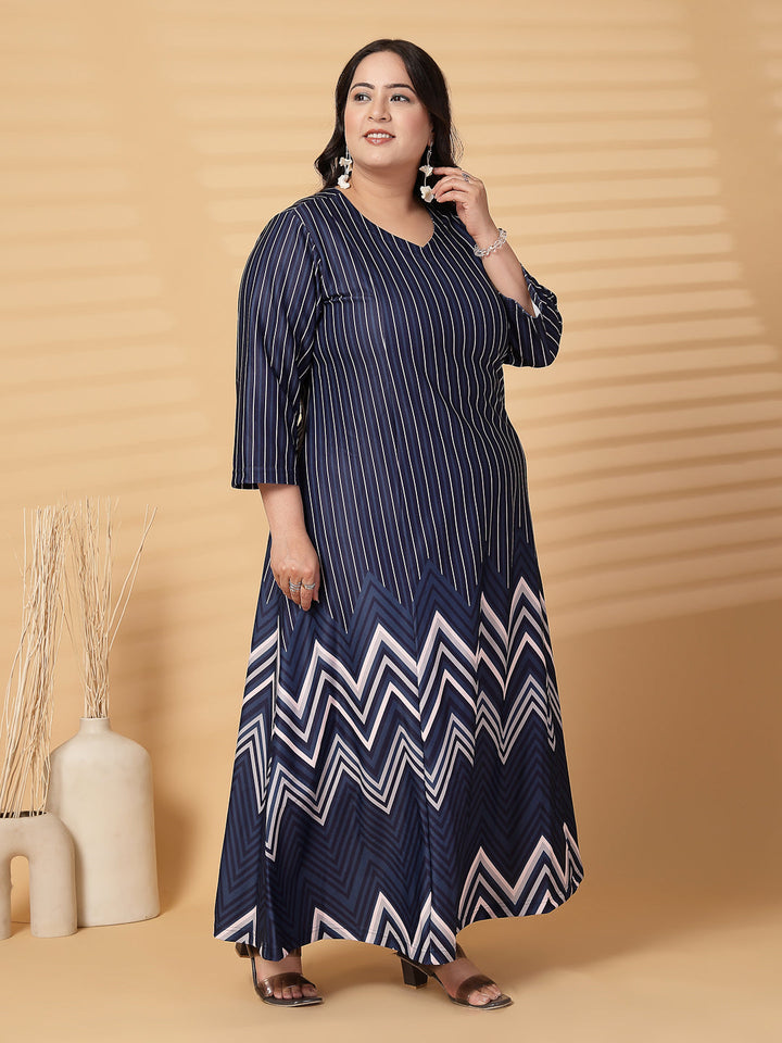 Plus Size Women Abstract Print V Neck Fit & Flare Midi Dress