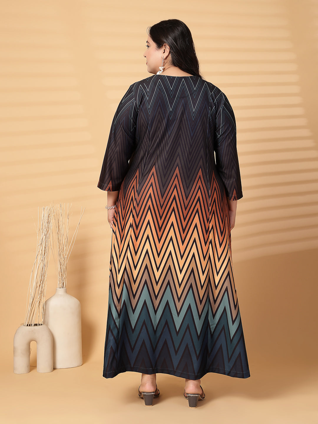 Plus Size Women Abstract Print V Neck Fit & Flare Midi Dress