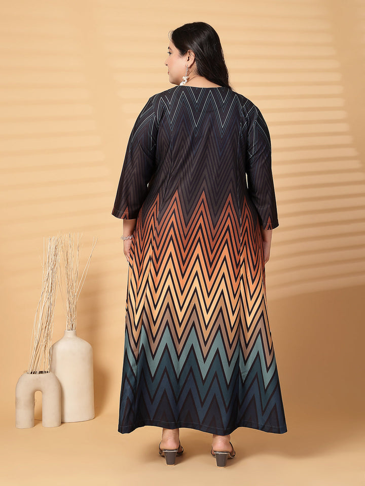 Plus Size Women Abstract Print V Neck Fit & Flare Midi Dress