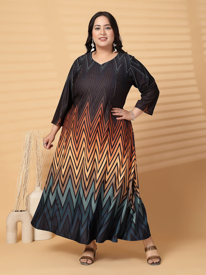 Plus Size Women Abstract Print V Neck Fit & Flare Midi Dress
