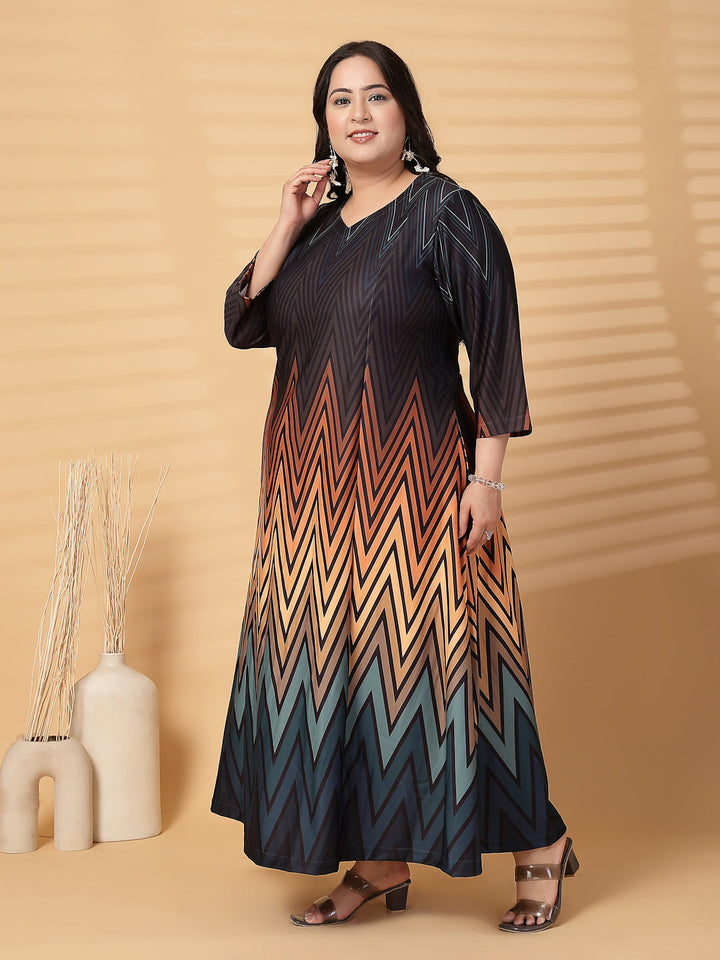 Plus Size Women Abstract Print V Neck Fit & Flare Midi Dress
