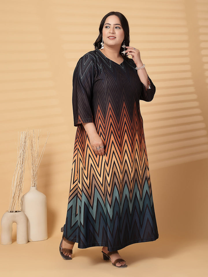 Plus Size Women Abstract Print V Neck Fit & Flare Midi Dress