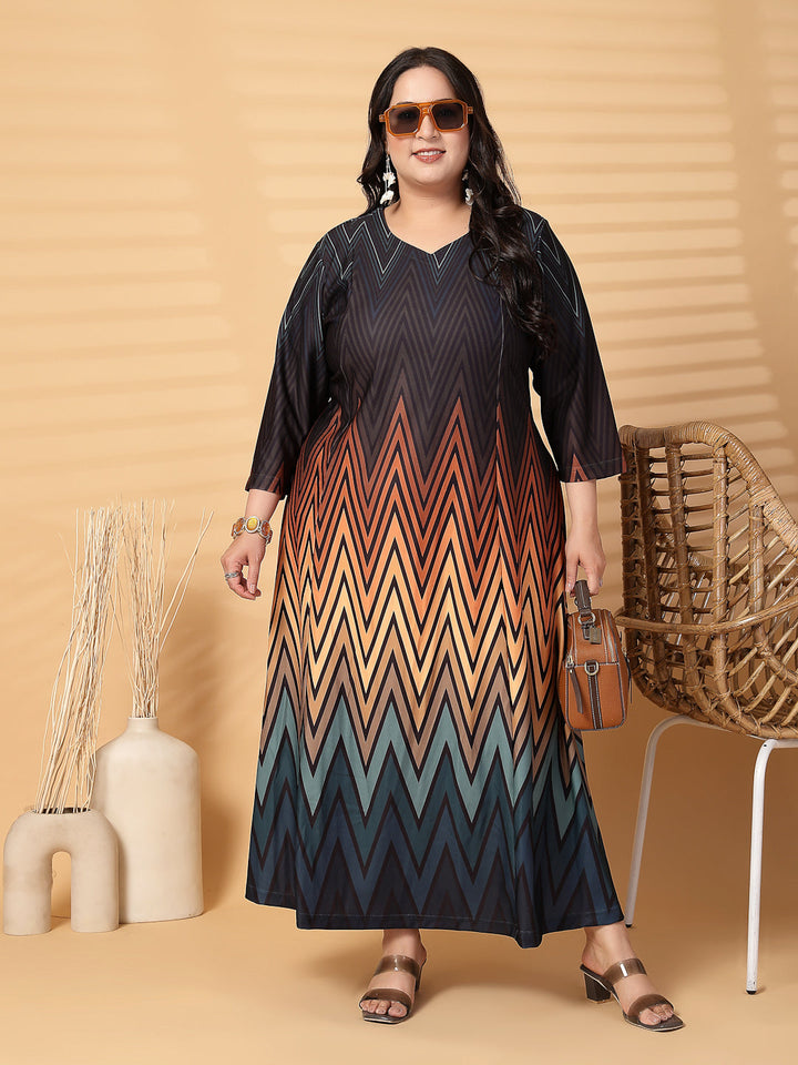Plus Size Women Abstract Print V Neck Fit & Flare Midi Dress