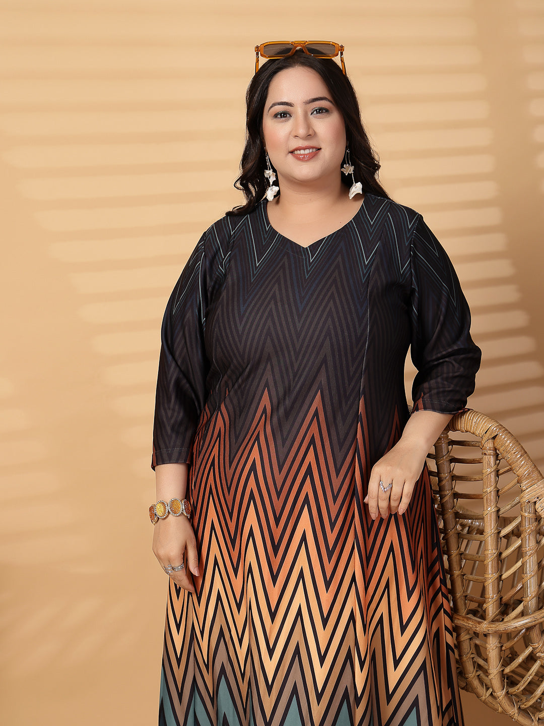 Plus Size Women Abstract Print V Neck Fit & Flare Midi Dress