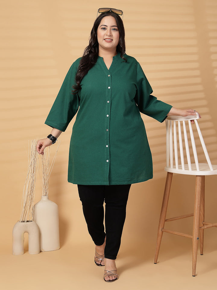 Plus Size Women Green Mandarin Collar Tunic