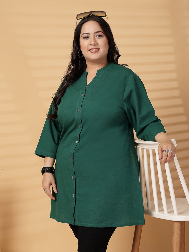 Plus Size Women Green Mandarin Collar Tunic