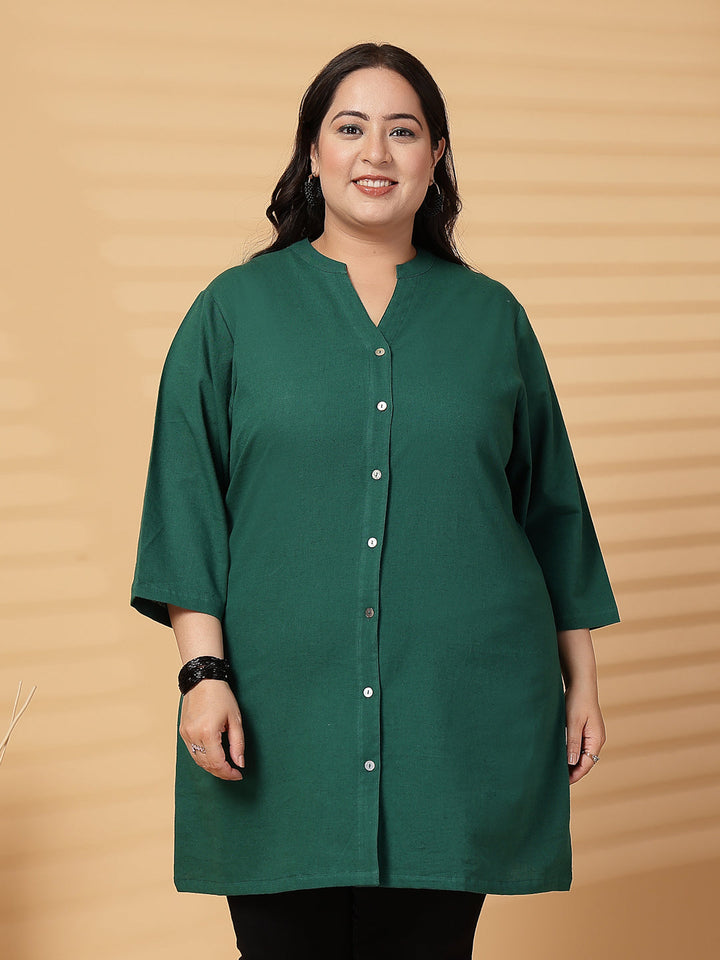 Plus Size Women Green Mandarin Collar Tunic