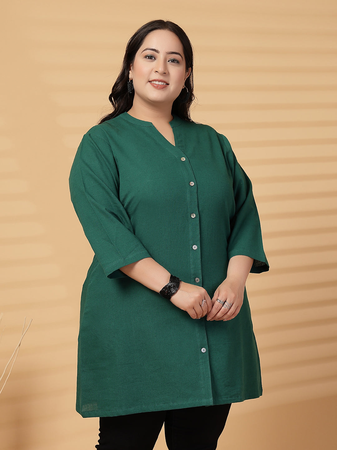 Plus Size Women Green Mandarin Collar Tunic