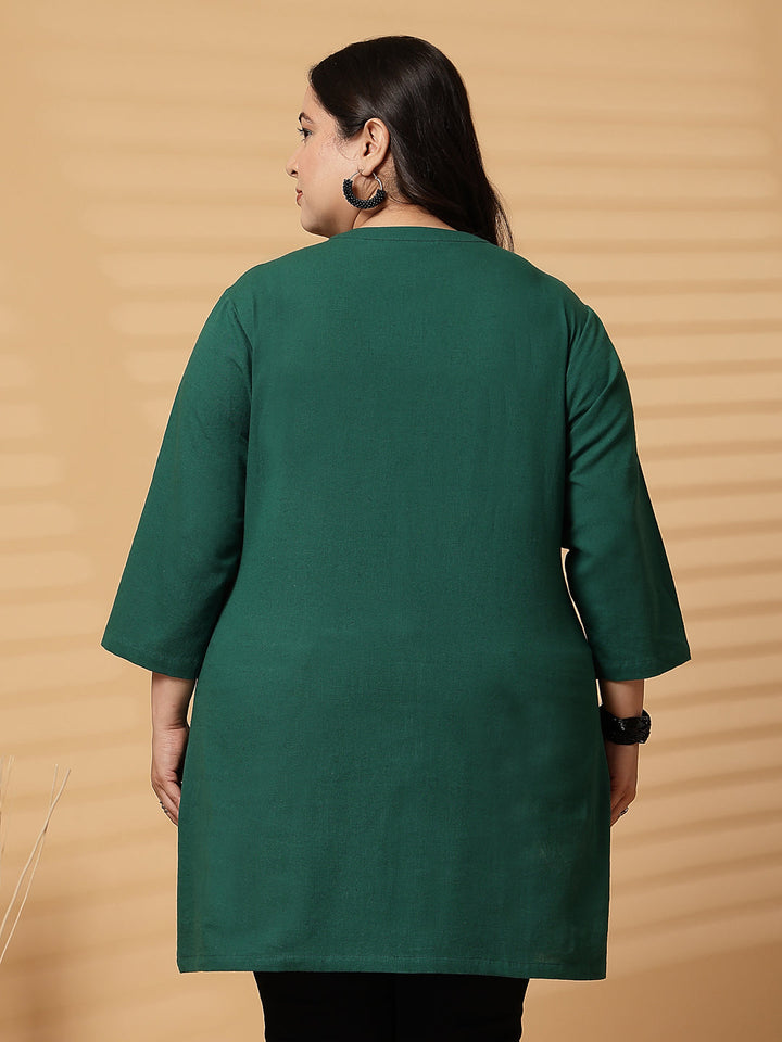 Plus Size Women Green Mandarin Collar Tunic