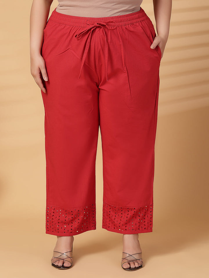 Plus Size Women Red Solid Straight Palazzos