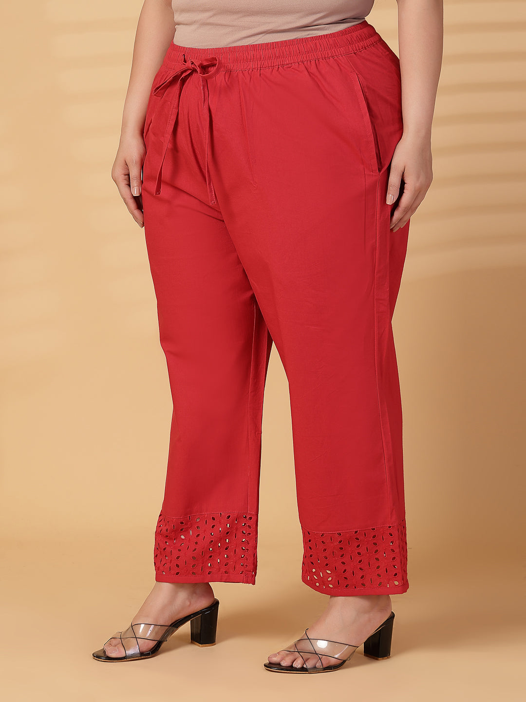 Plus Size Women Red Solid Straight Palazzos