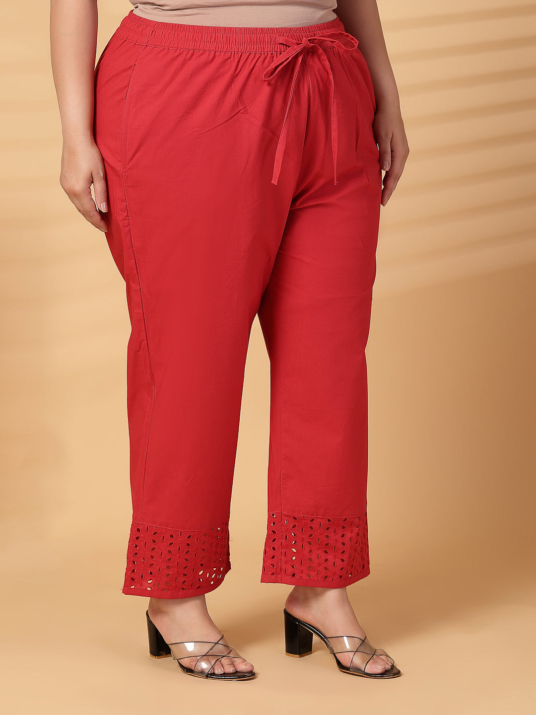 Plus Size Women Red Solid Straight Palazzos
