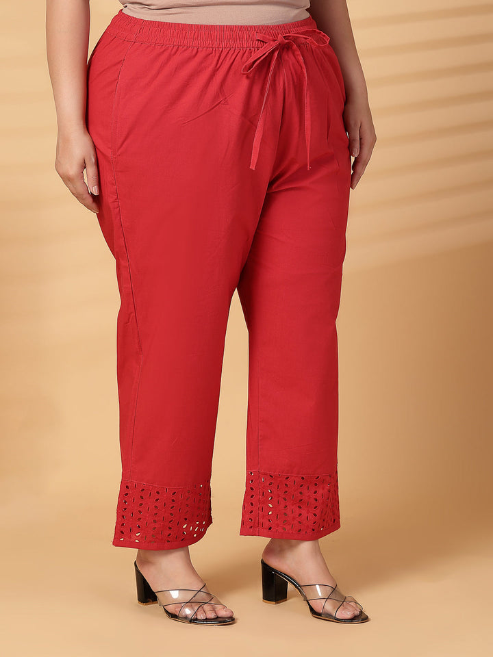 Plus Size Women Red Solid Straight Palazzos