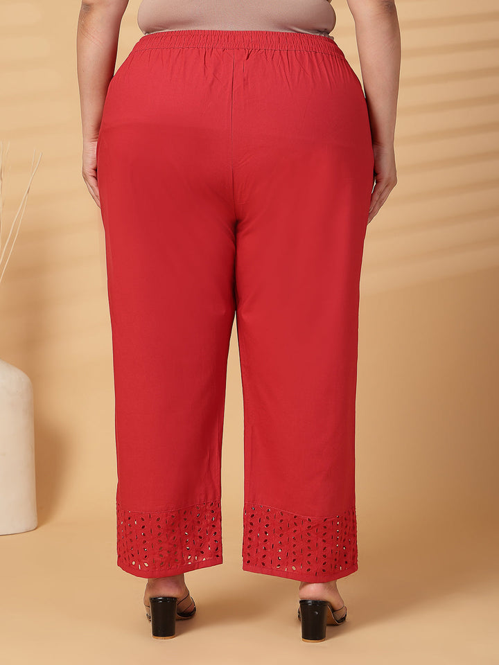 Plus Size Women Red Solid Straight Palazzos