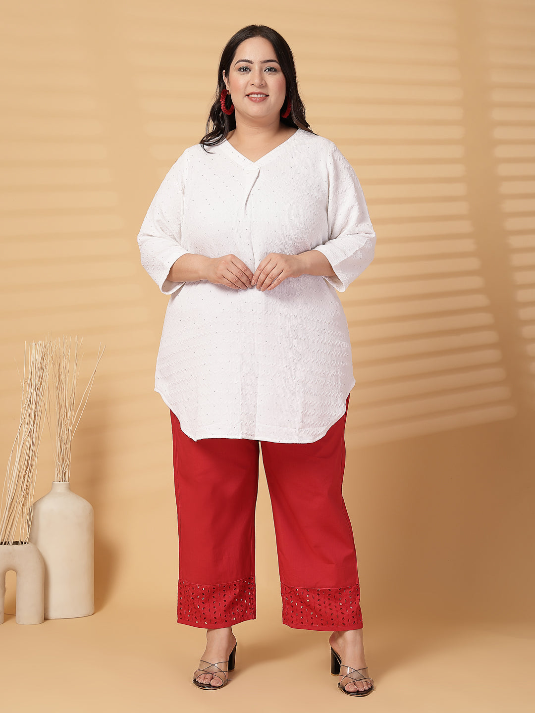 Plus Size Women Red Solid Straight Palazzos