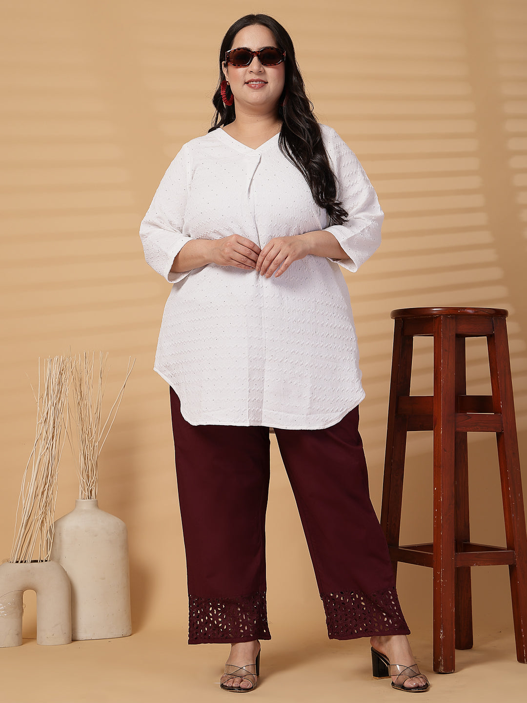 Plus Size Women Wine Solid Straight Palazzos