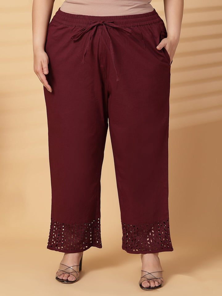 Plus Size Women Wine Solid Straight Palazzos