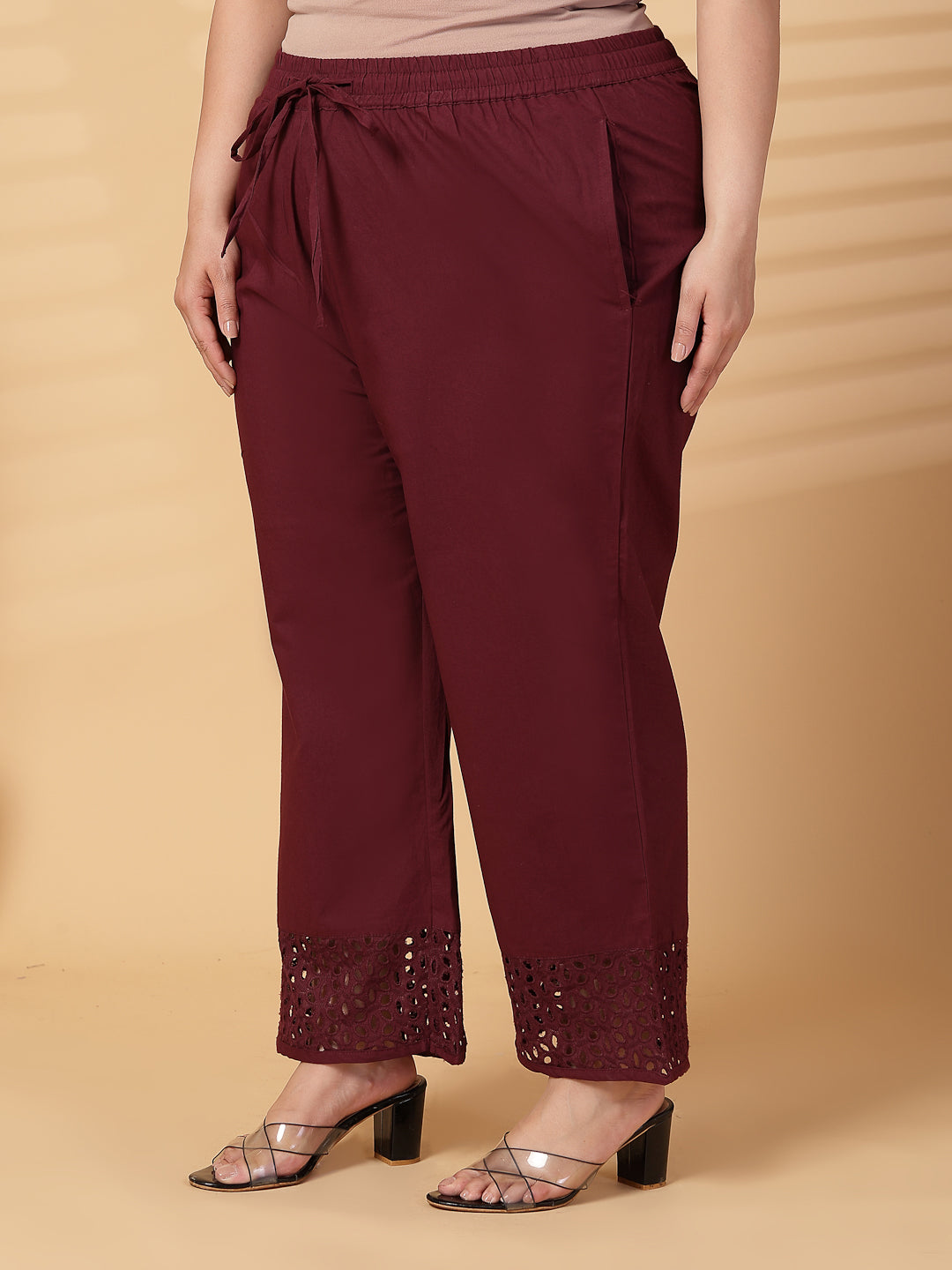 Plus Size Women Wine Solid Straight Palazzos