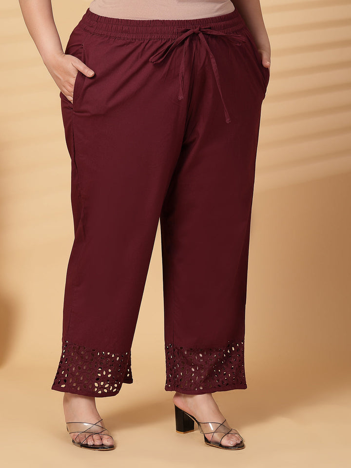 Plus Size Women Wine Solid Straight Palazzos