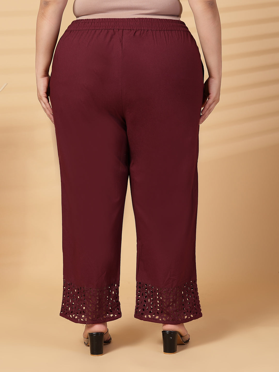 Plus Size Women Wine Solid Straight Palazzos