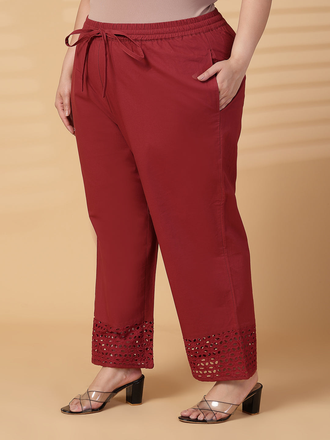 Plus Size Women Rust Solid Straight Palazzos