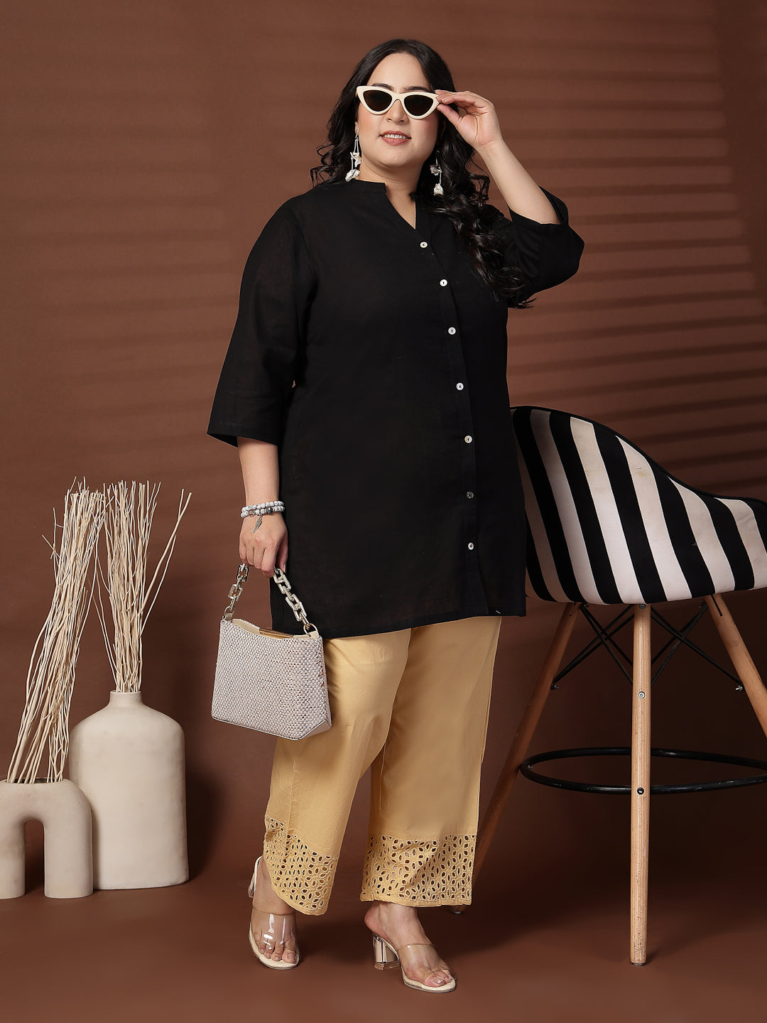 Plus Size Women Camel Solid Straight Palazzos