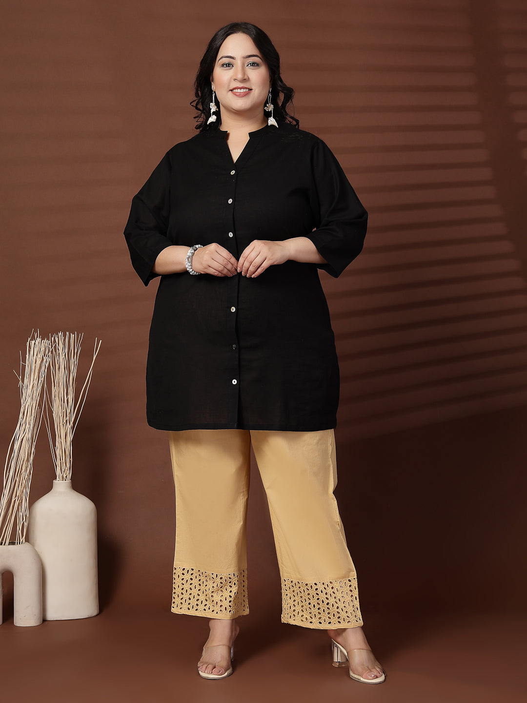 Plus Size Women Camel Solid Straight Palazzos