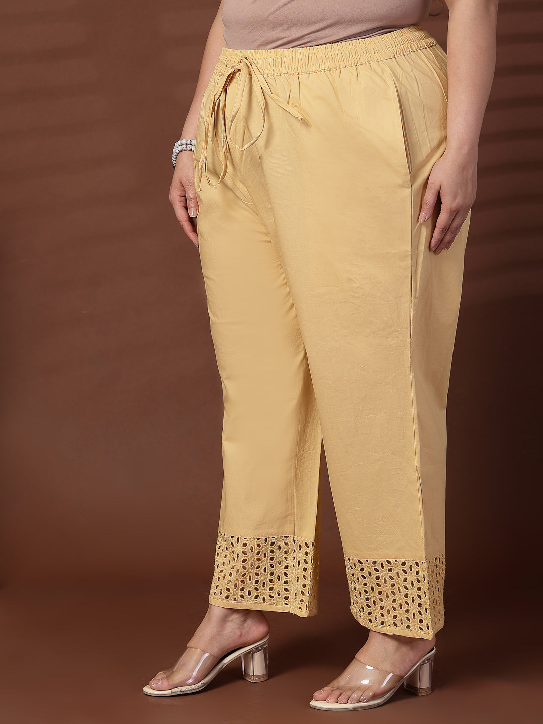 Plus Size Women Camel Solid Straight Palazzos