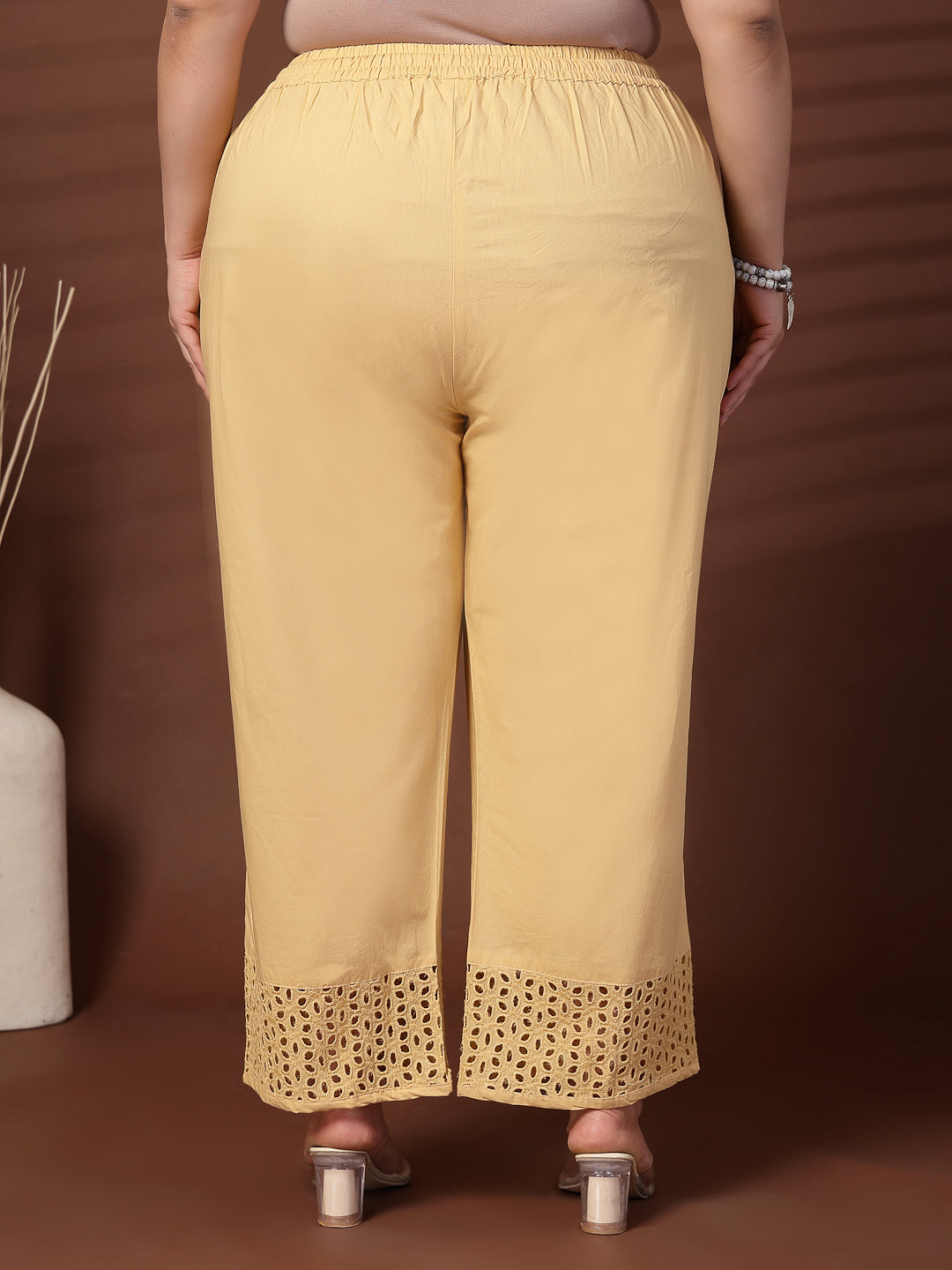 Plus Size Women Camel Solid Straight Palazzos