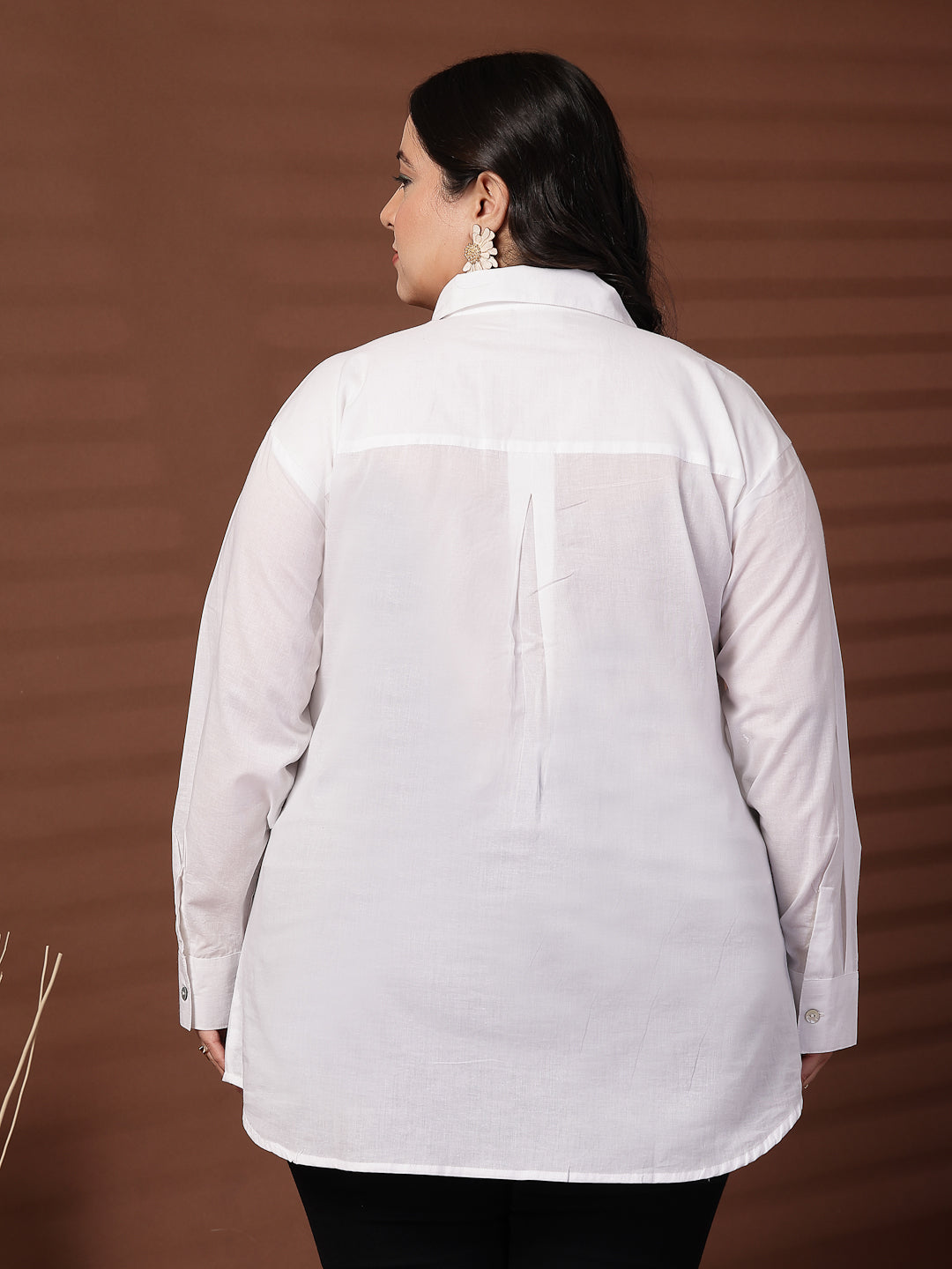 Plus Size Cotton Women Embroidered Spread Collar Shirt