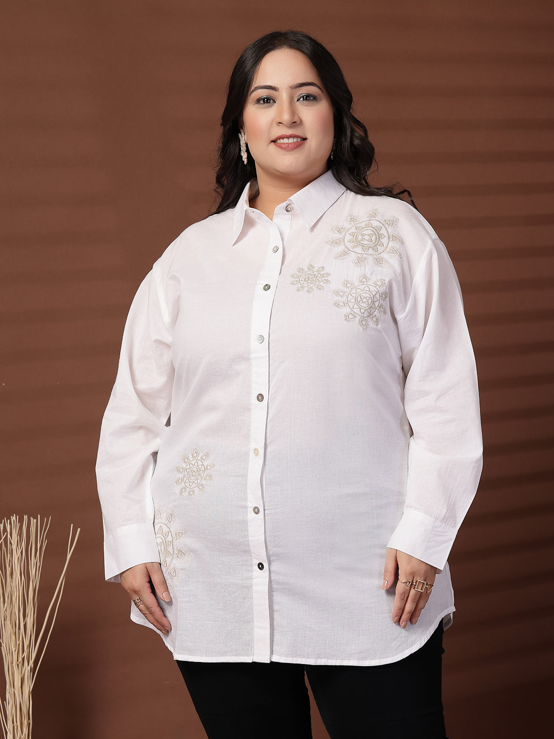 Plus Size Cotton Women Embroidered Spread Collar Shirt