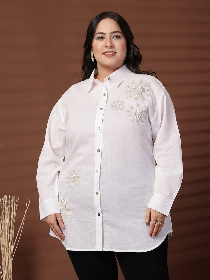 Plus Size Cotton Women Embroidered Spread Collar Shirt