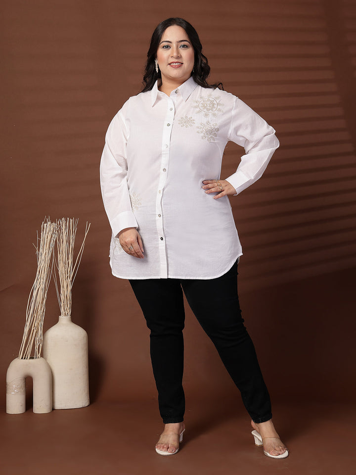 Plus Size Cotton Women Embroidered Spread Collar Shirt