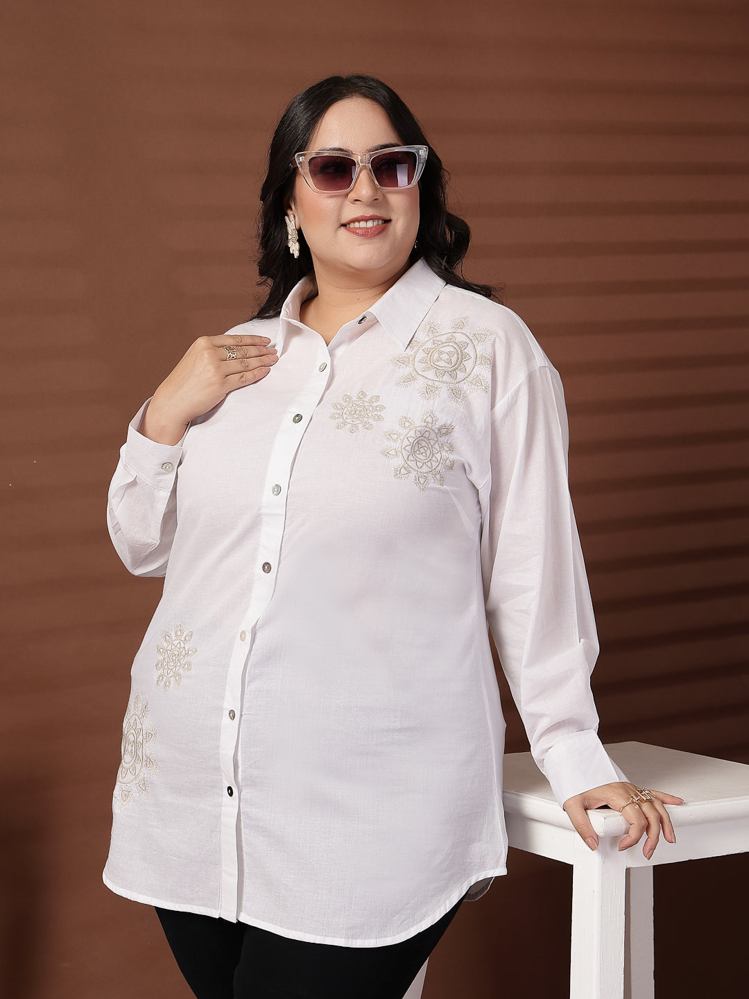 Plus Size Cotton Women Embroidered Spread Collar Shirt