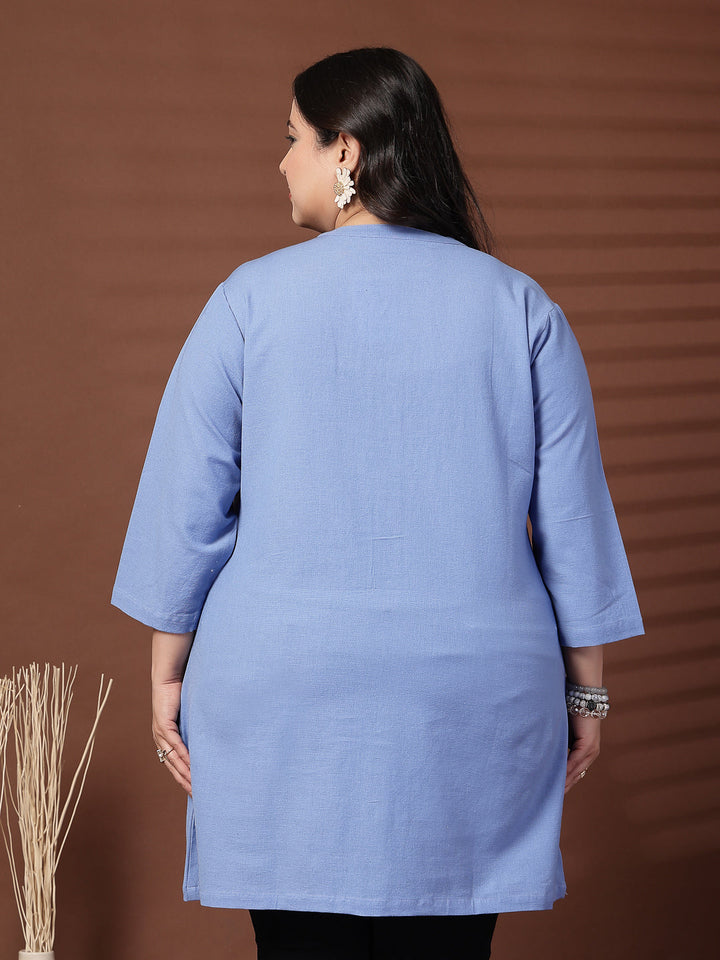 Plus Size Women Blue Mandarin Collar Tunic