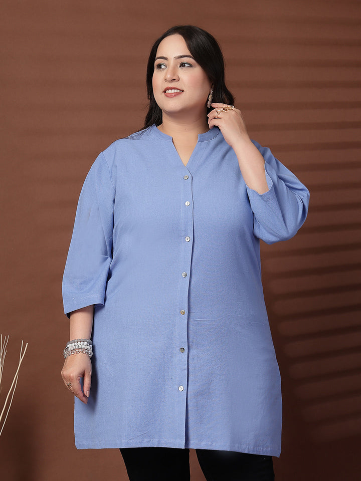 Plus Size Women Blue Mandarin Collar Tunic