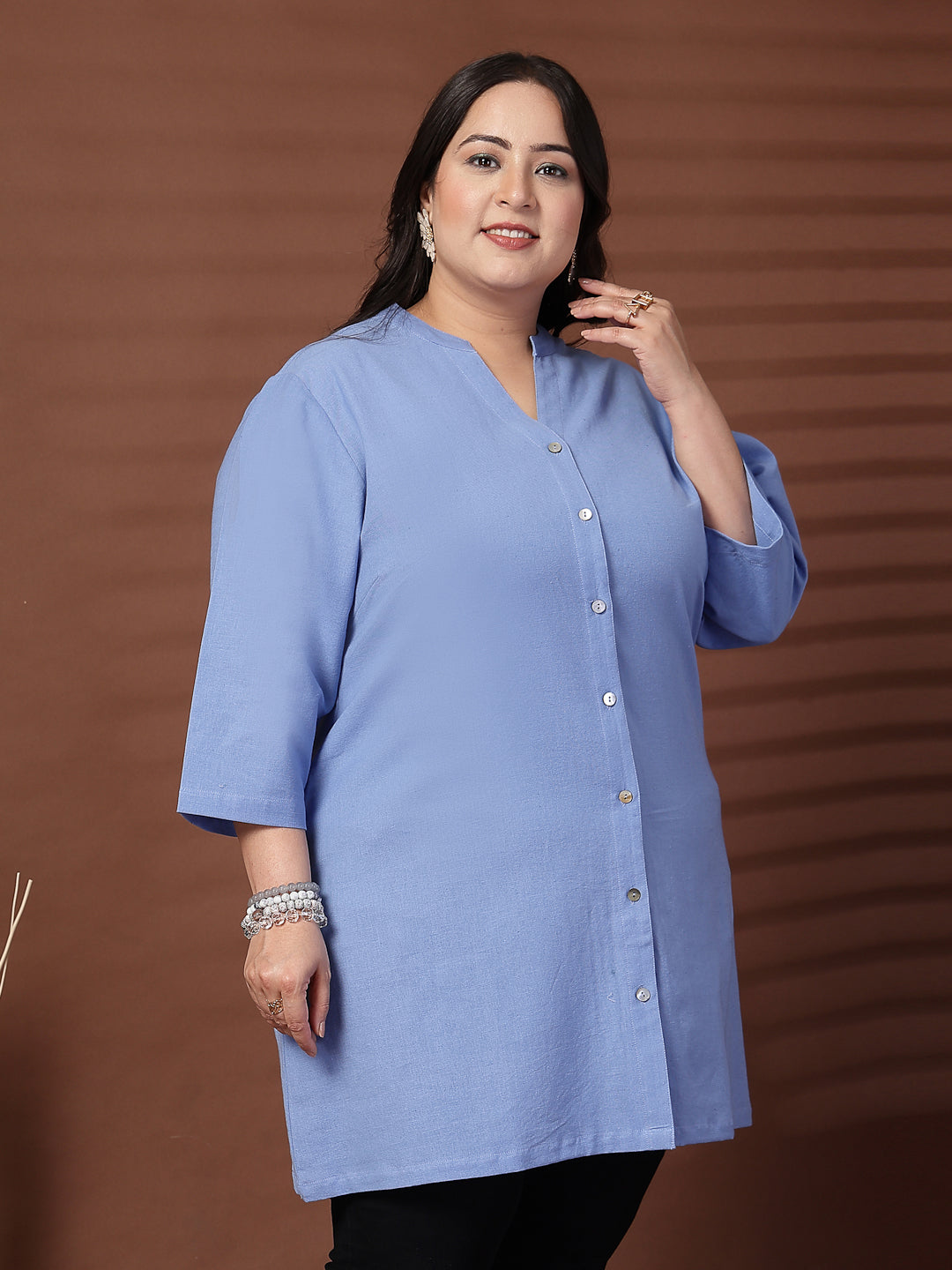 Plus Size Women Blue Mandarin Collar Tunic
