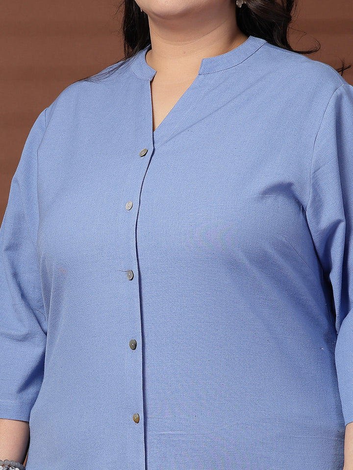 Plus Size Women Blue Mandarin Collar Tunic