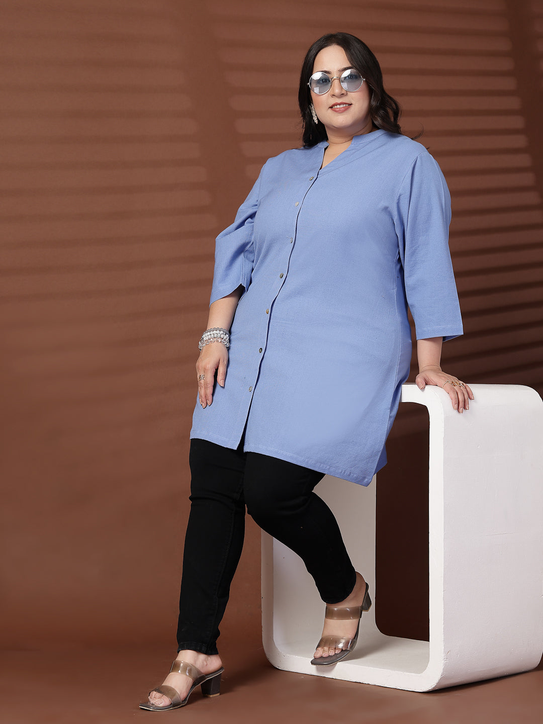 Plus Size Women Blue Mandarin Collar Tunic