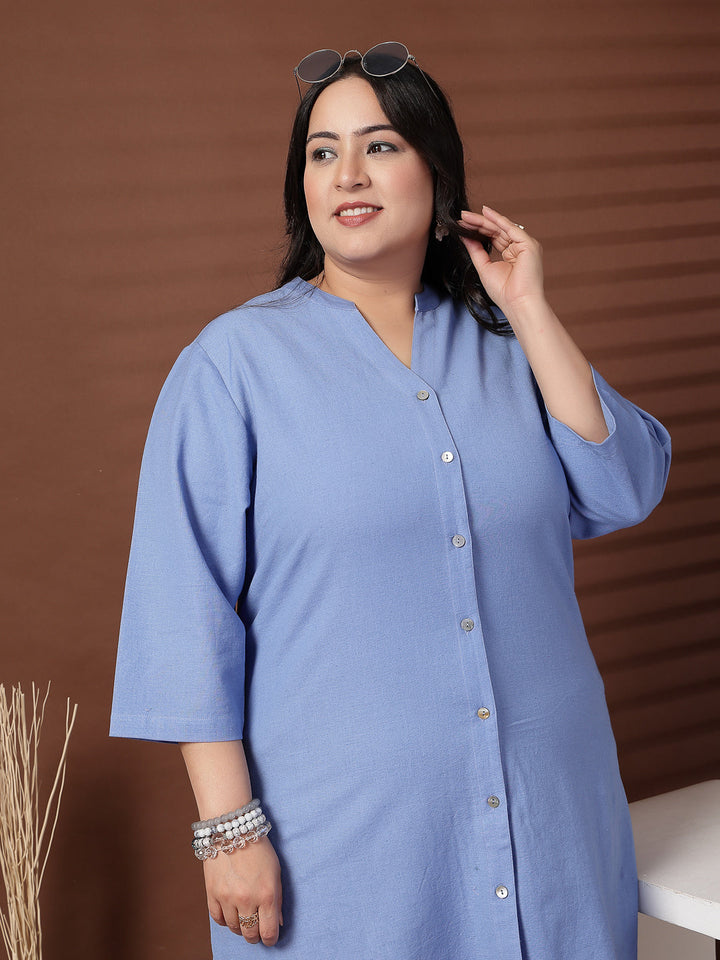 Plus Size Women Blue Mandarin Collar Tunic