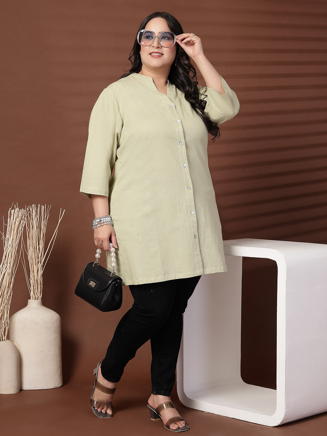 Plus Size Women Green Mandarin Collar Tunic
