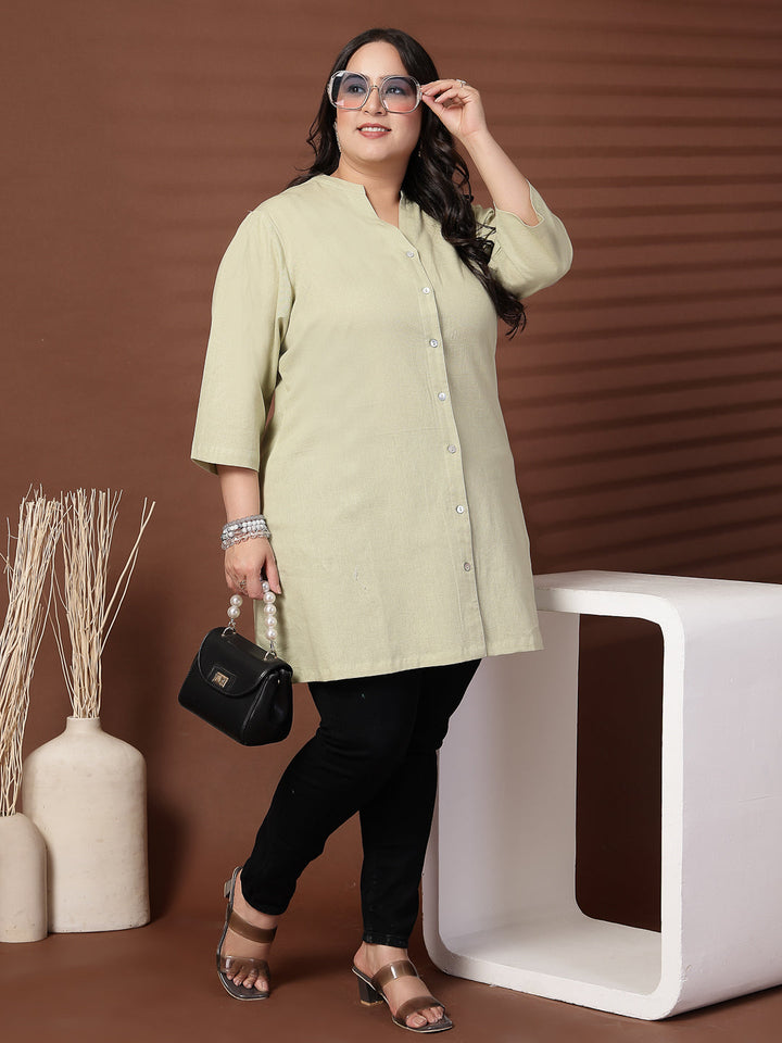 Plus Size Women Green Mandarin Collar Tunic