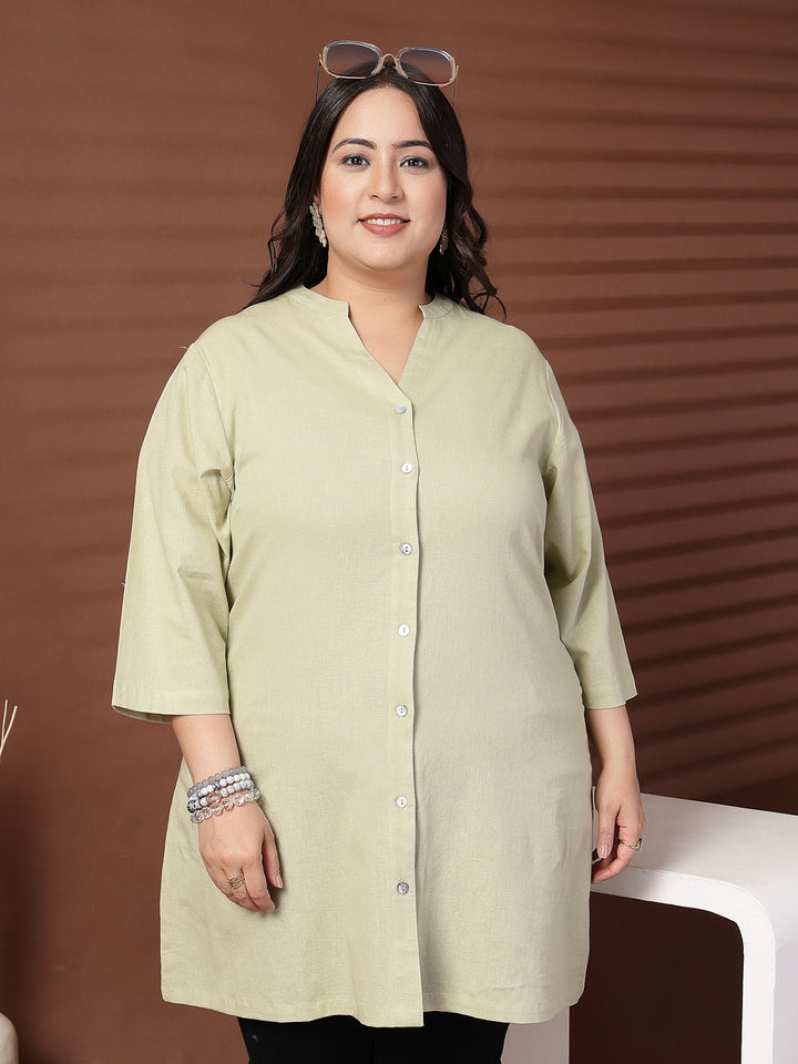 Plus Size Women Green Mandarin Collar Tunic
