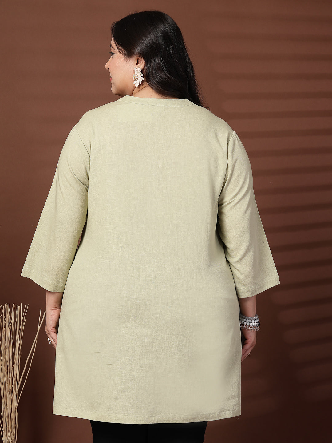 Plus Size Women Green Mandarin Collar Tunic