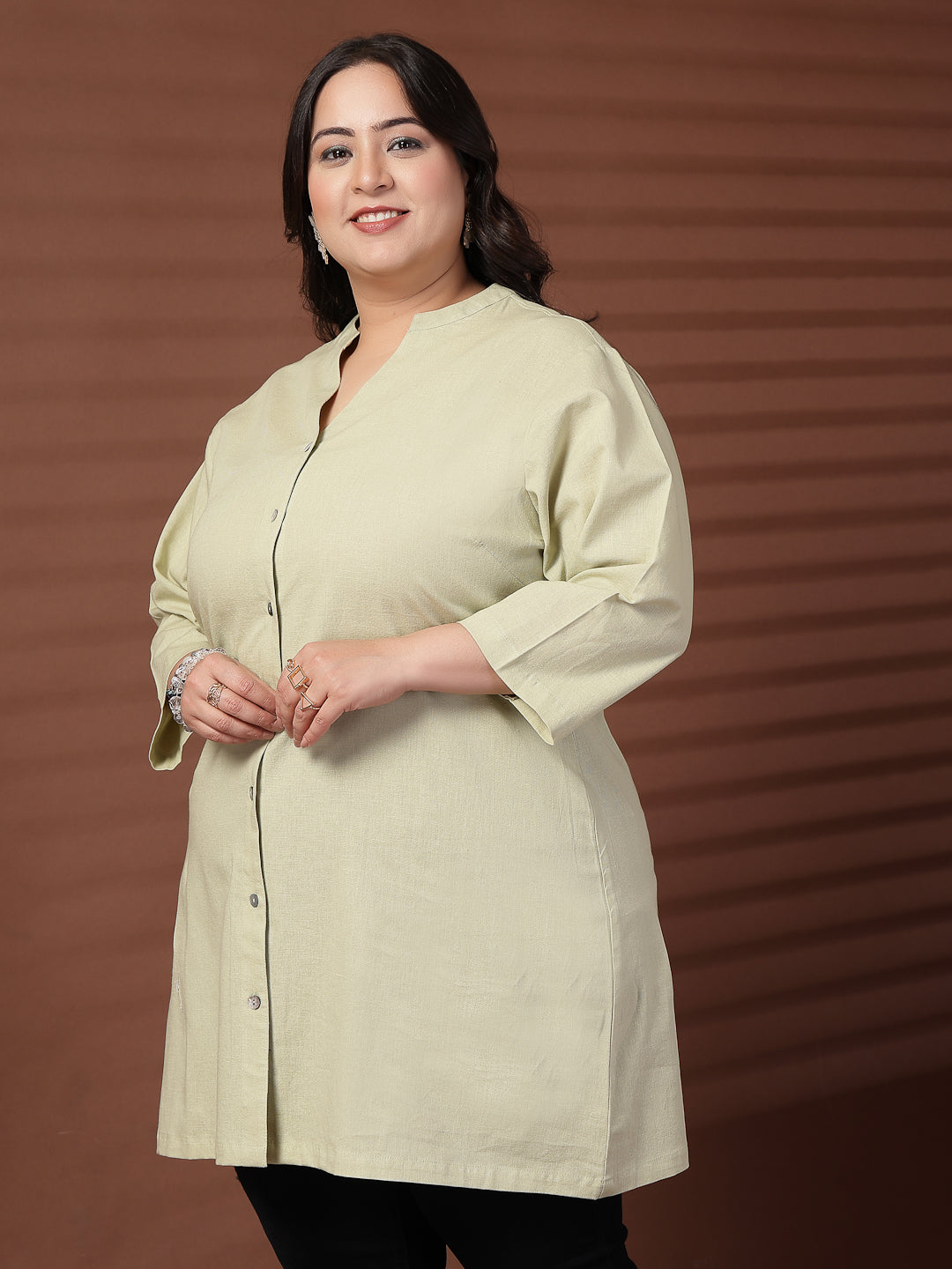 Plus Size Women Green Mandarin Collar Tunic