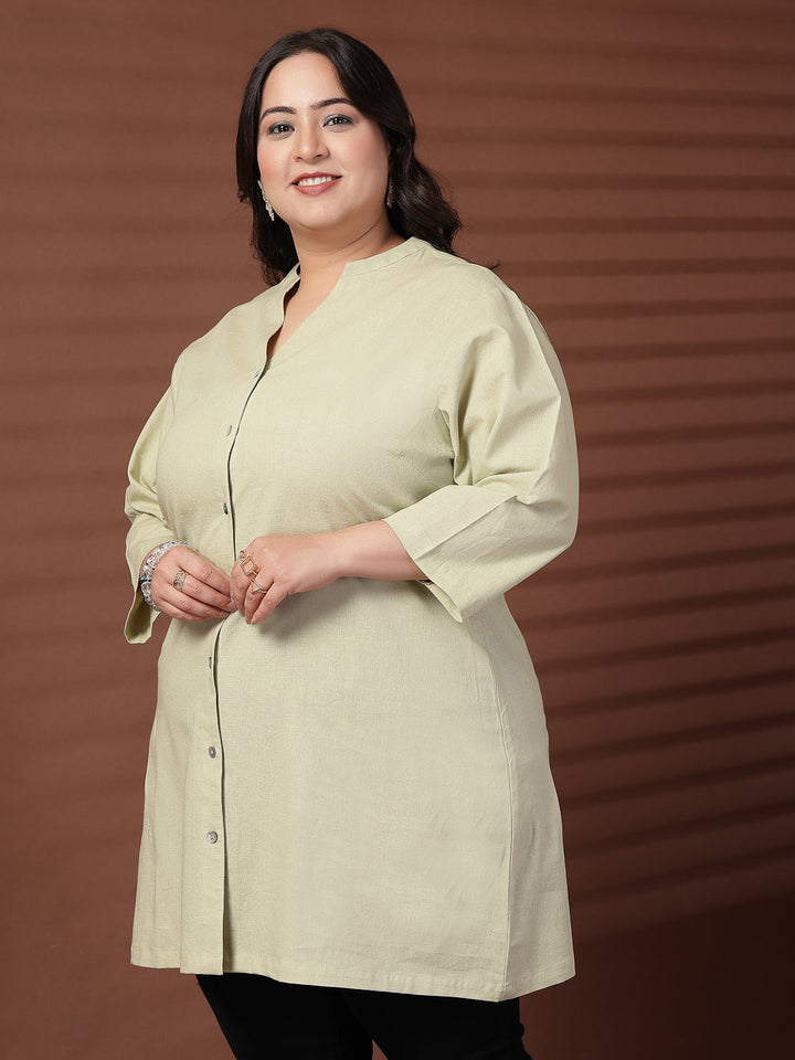 Plus Size Women Green Mandarin Collar Tunic