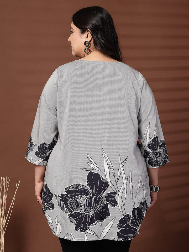 Plus Size  Tropical Printed V-Neck Longline Top