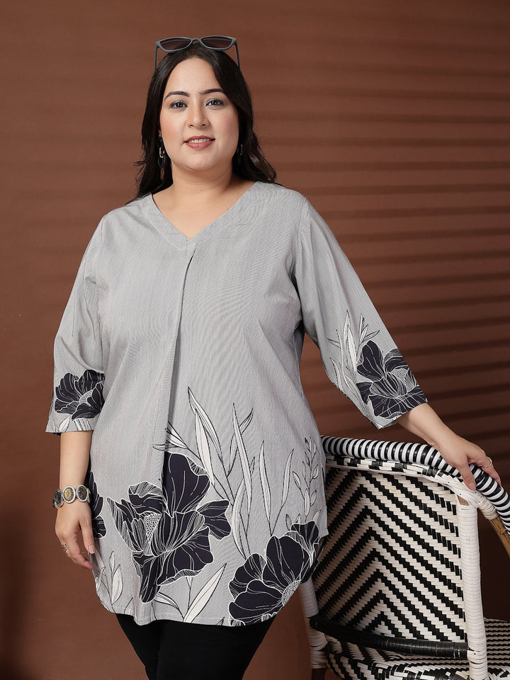 Plus Size  Tropical Printed V-Neck Longline Top