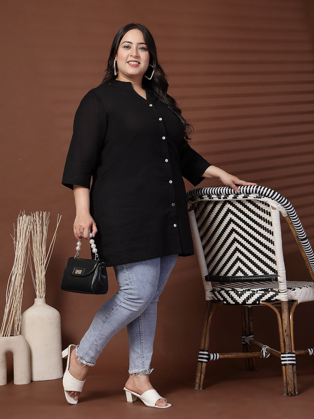 Plus Size Women Black Shirt Style Linen Top